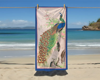 Japanese Peacock in Pink and Blue | Beach Towel - Beach Towel - Piccolo Fiore Prints