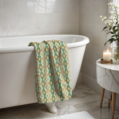 Ortensia Retro Floral Damask Stripe in Bright Green and Orange | Bath Towel - Bath Towel - Piccolo Fiore Prints