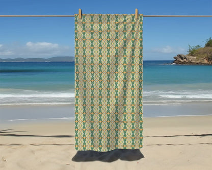 Ortensia Retro Floral Damask Stripe in Bright Green and Orange | Beach Towel - Beach Towel - Piccolo Fiore Prints