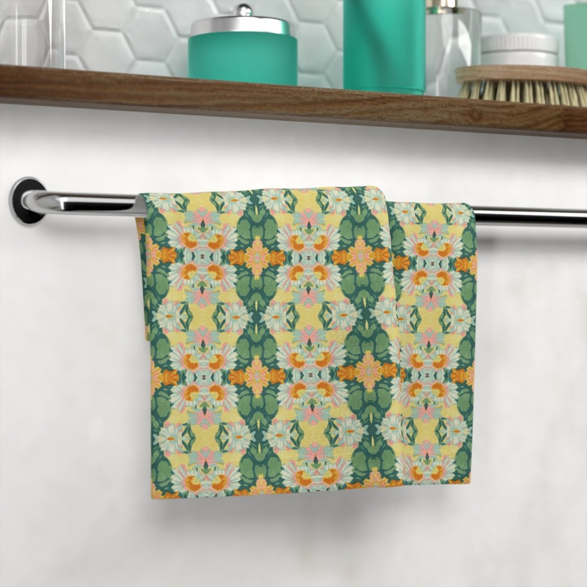 Ortensia Retro Floral Damask Stripe in Bright Green and Orange | Face Towel - Face Towel - Piccolo Fiore Prints