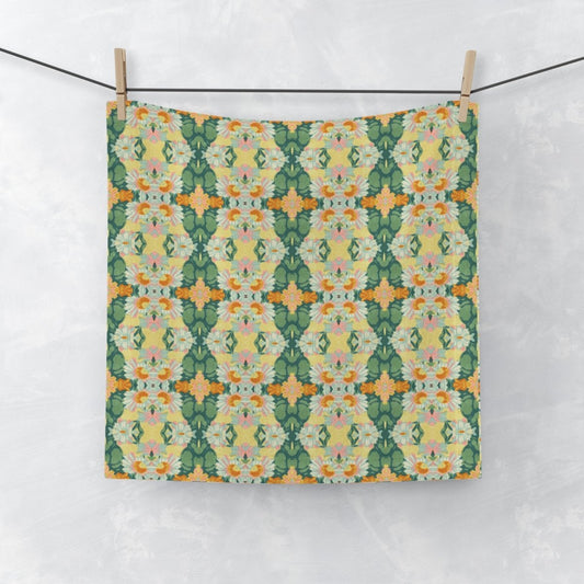 Ortensia Retro Floral Damask Stripe in Bright Green and Orange | Face Towel - Face Towel - Piccolo Fiore Prints