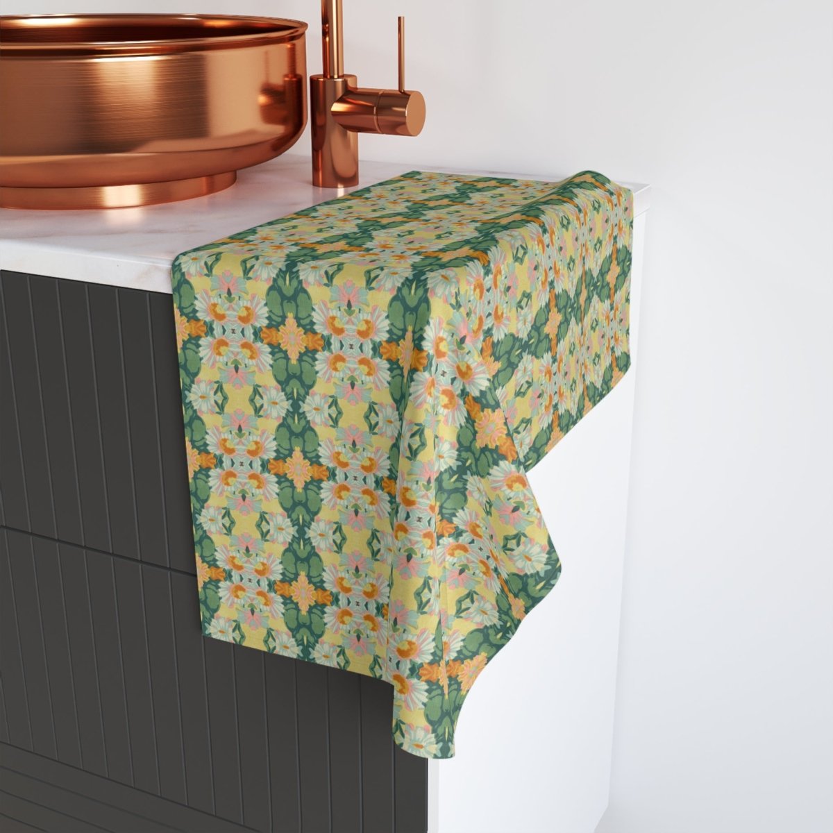 Ortensia Retro Floral Damask Stripe in Bright Green and Orange | Hand Towel - Hand Towel - Piccolo Fiore Prints