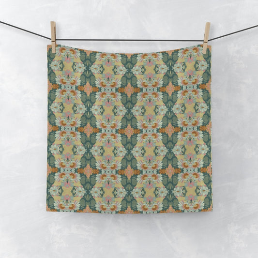 Ortensia Retro Floral Damask Stripe in Muted Green | Face Towel - Face Towel - Piccolo Fiore Prints