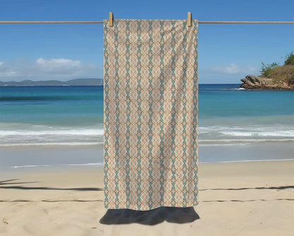 Ortensia Retro Floral Damask Stripe in Pink and Pistacchio Green | Beach Towel - Beach Towel - Piccolo Fiore Prints