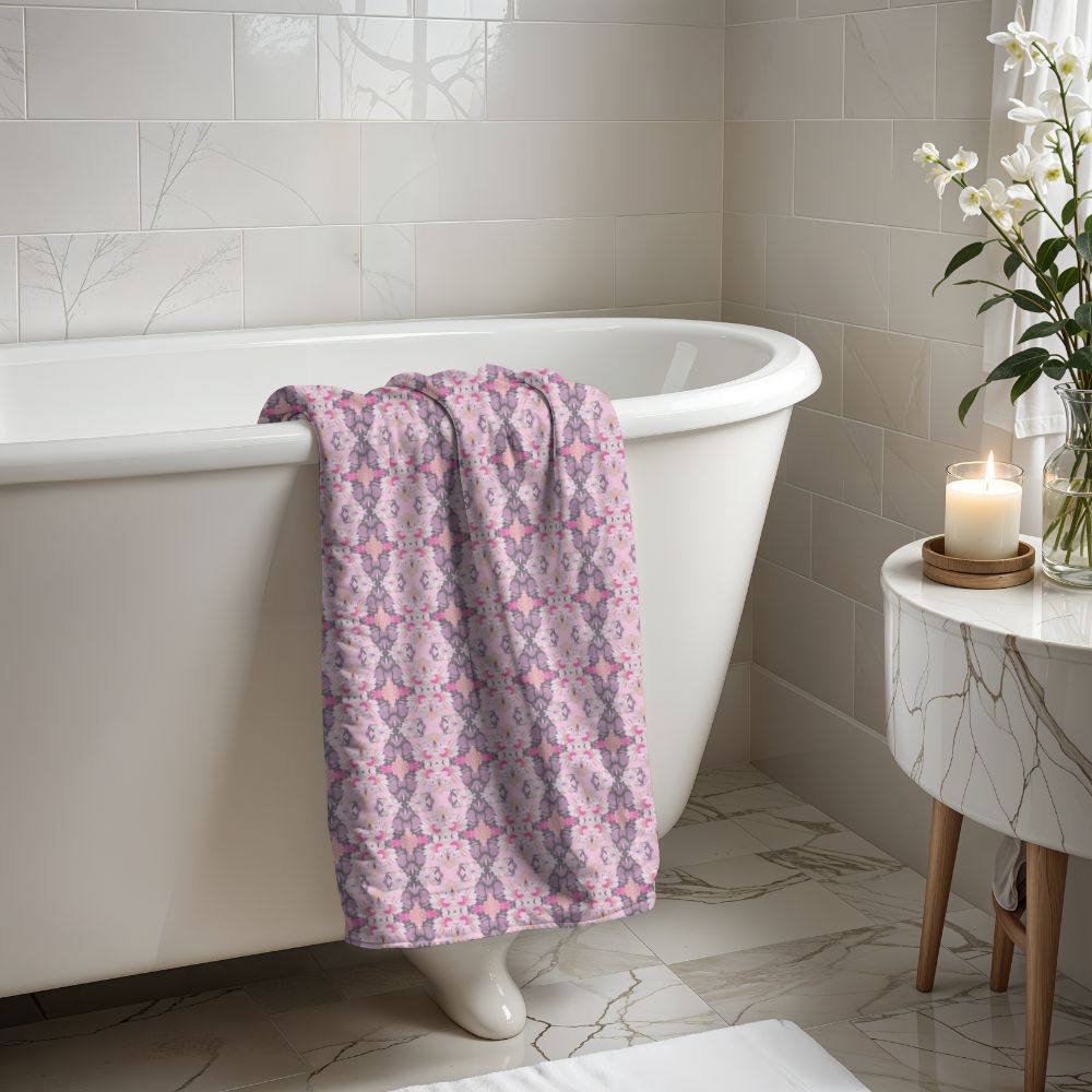 Ortensia Retro Floral Damask Stripe in Pink and Purple | Bath Towel - Bath Towel - Piccolo Fiore Prints