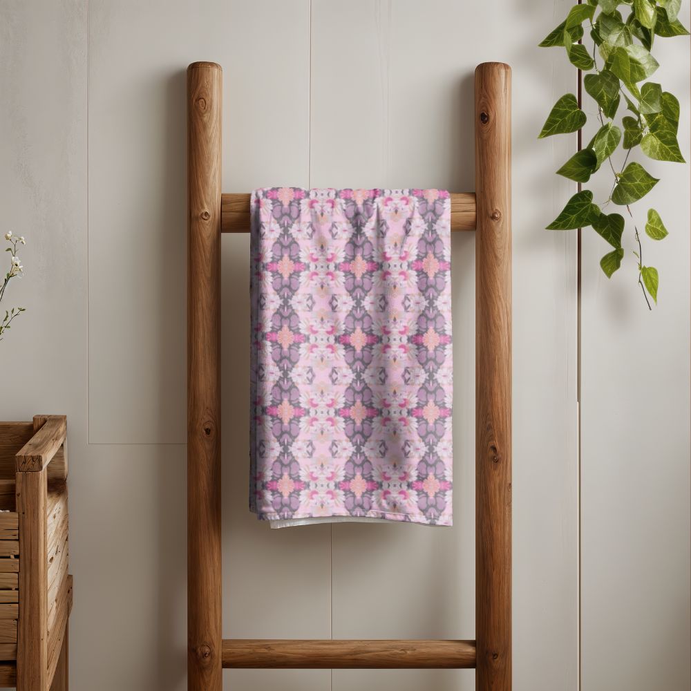Ortensia Retro Floral Damask Stripe in Pink and Purple | Bath Towel - Bath Towel - Piccolo Fiore Prints