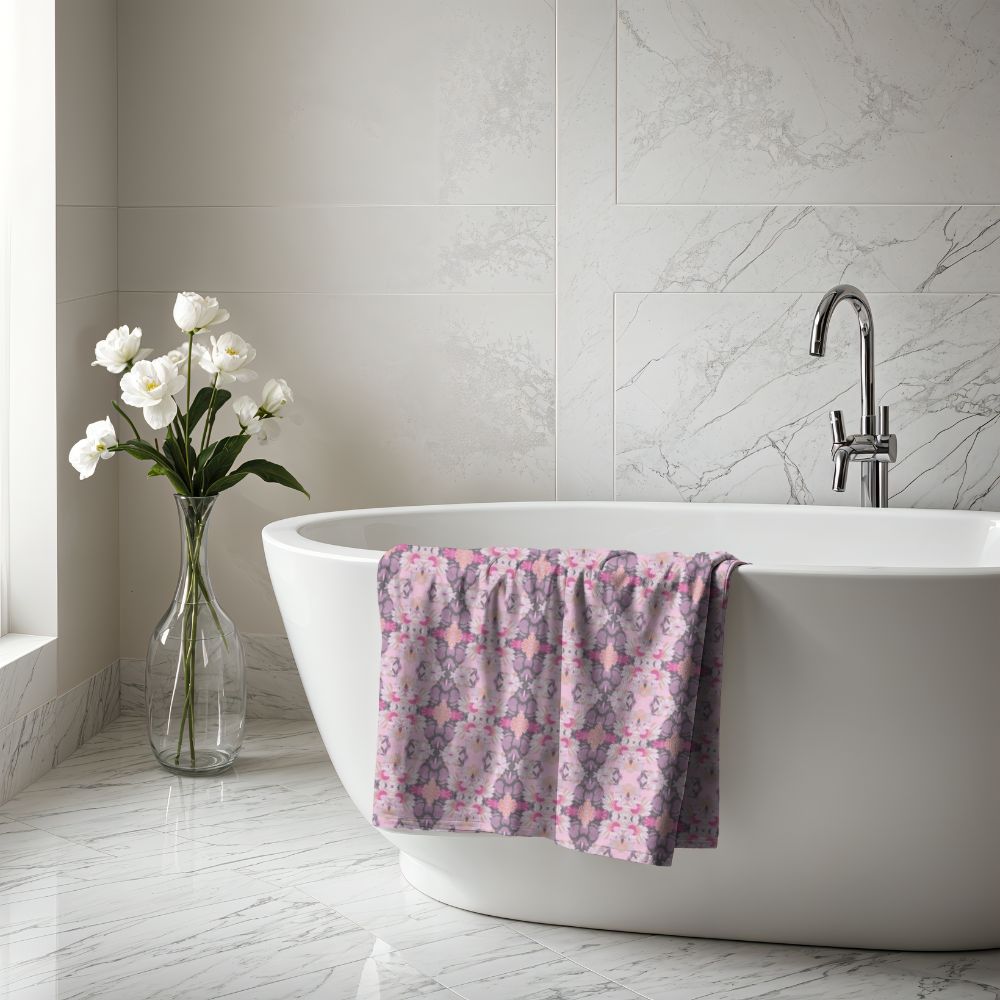 Ortensia Retro Floral Damask Stripe in Pink and Purple | Bath Towel - Bath Towel - Piccolo Fiore Prints