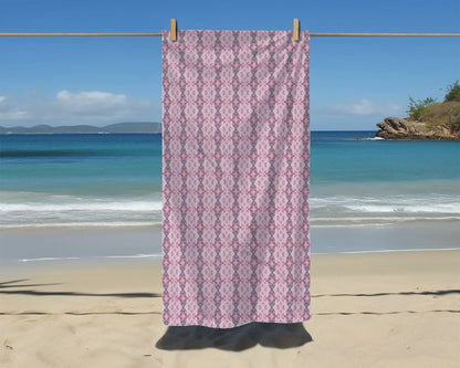 Ortensia Retro Floral Damask Stripe in Pink and Purple | Beach Towel - Beach Towel - Piccolo Fiore Prints