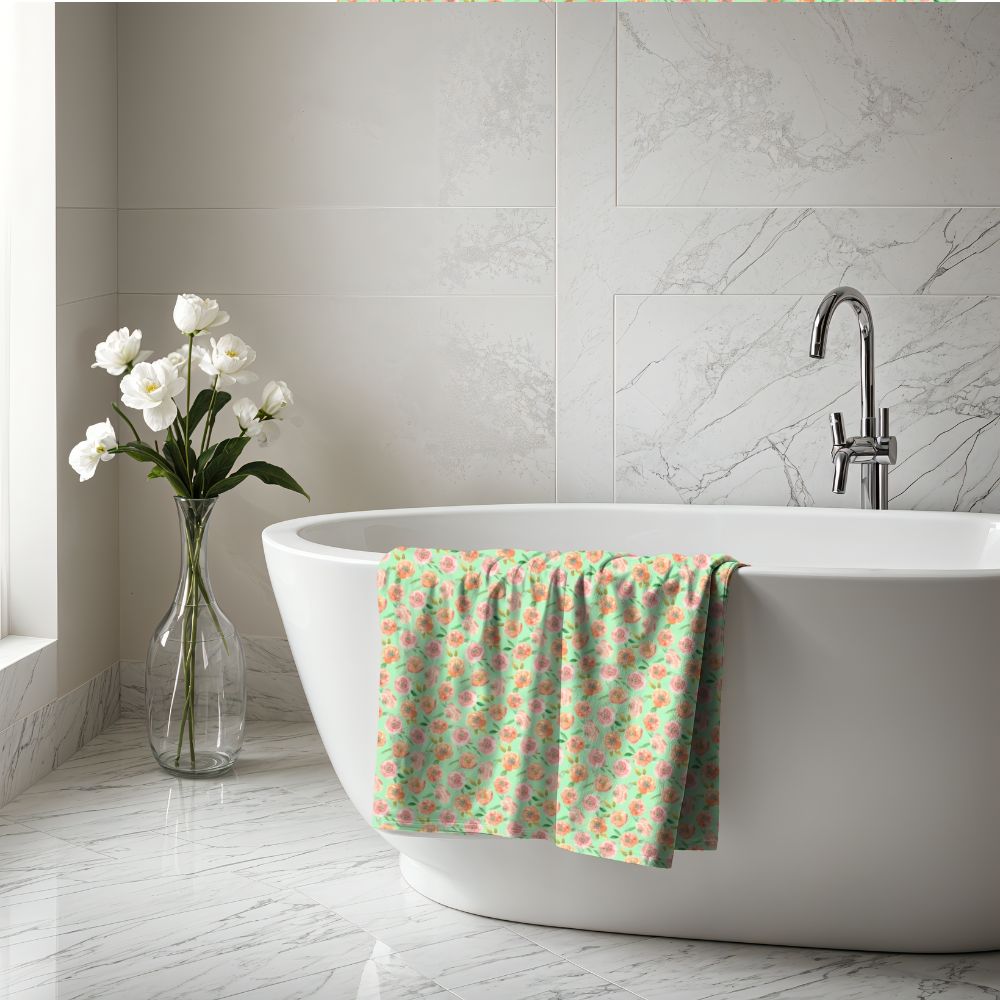 Peach Peony in Lime Green | Bath Towel - Bath Towel - Piccolo Fiore Prints