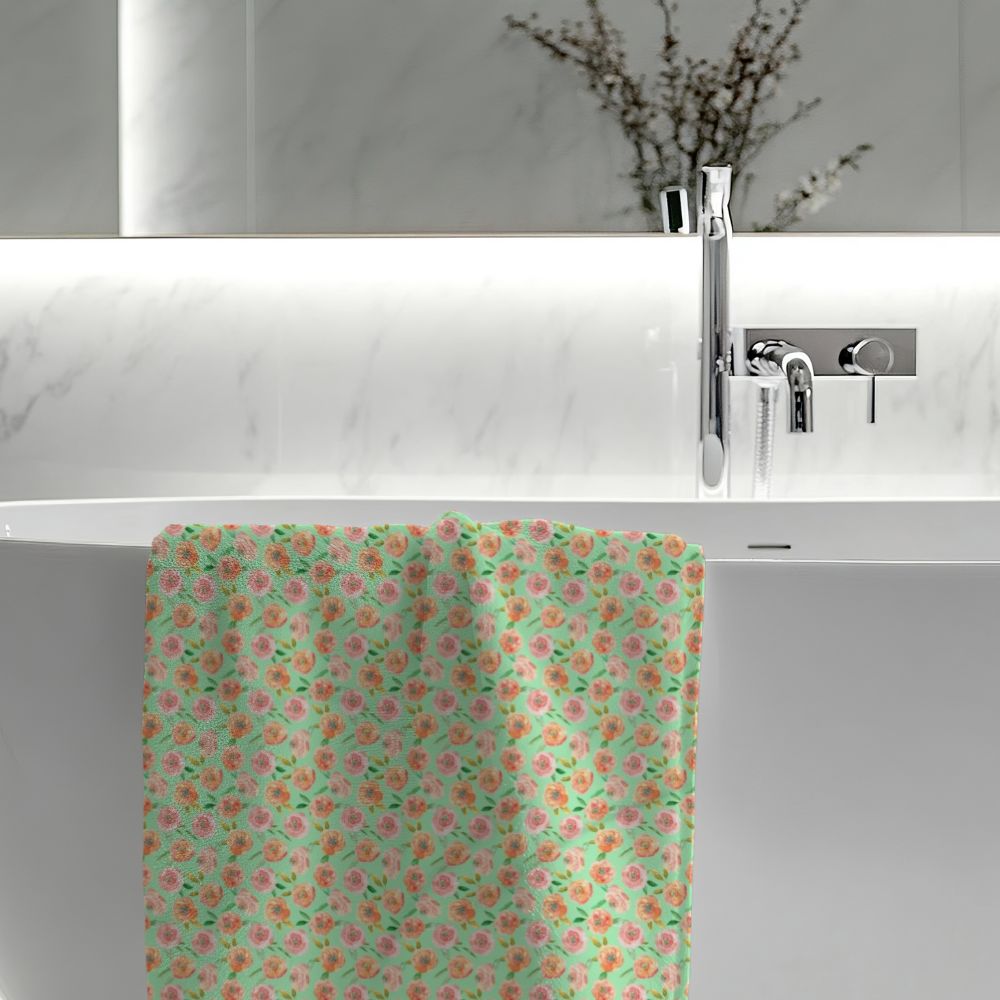 Peach Peony in Lime Green | Bath Towel - Bath Towel - Piccolo Fiore Prints
