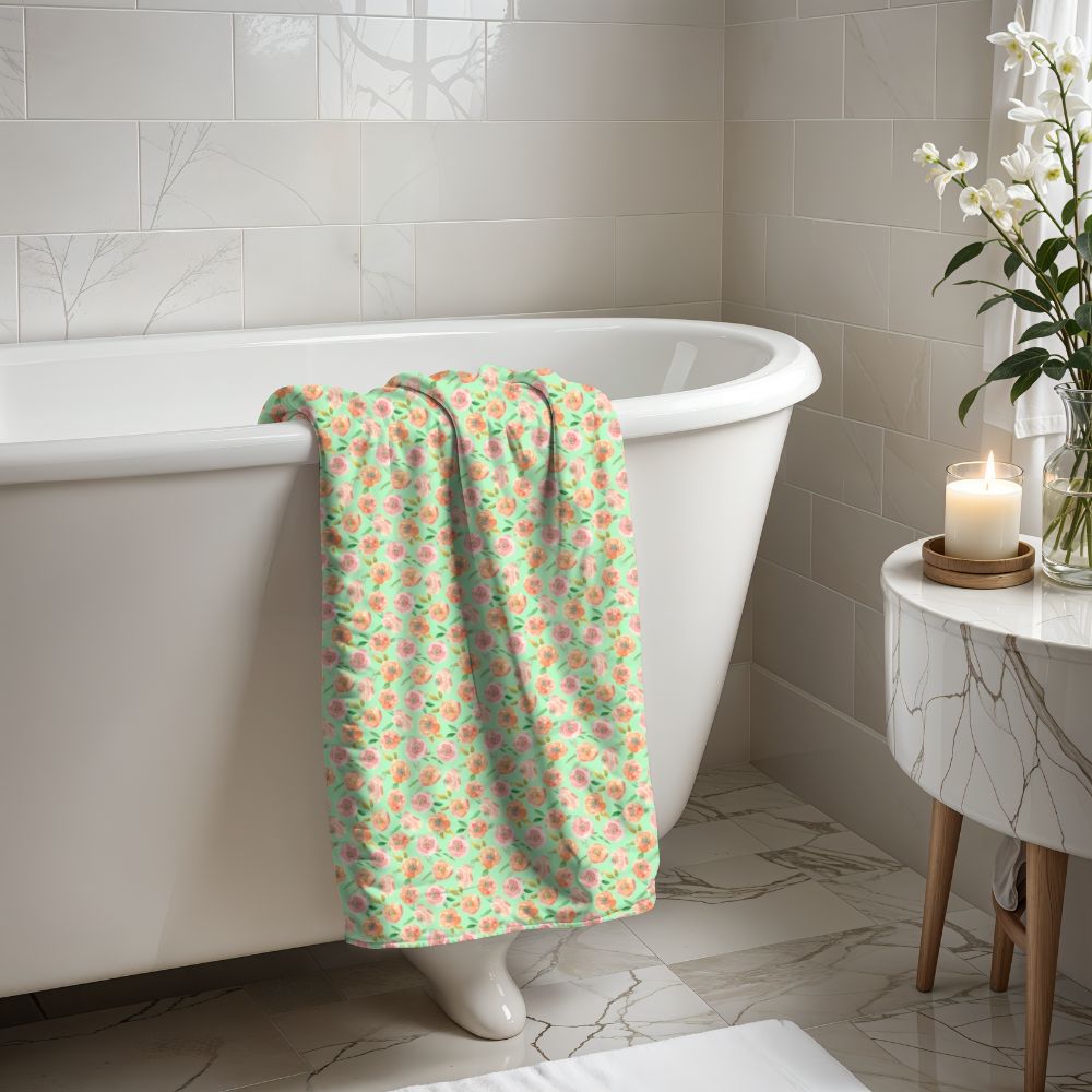 Peach Peony in Lime Green | Bath Towel - Bath Towel - Piccolo Fiore Prints