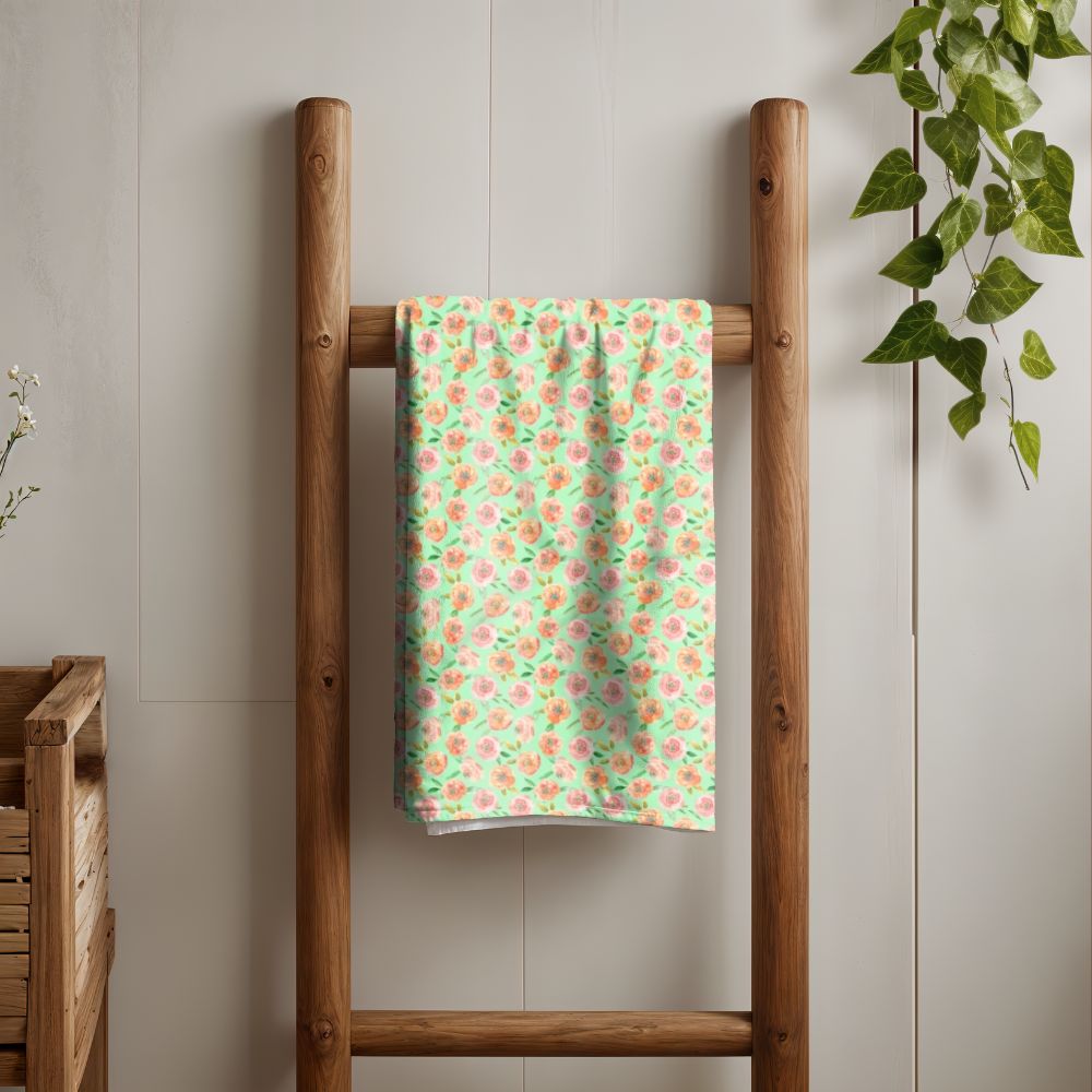 Peach Peony in Lime Green | Bath Towel - Bath Towel - Piccolo Fiore Prints