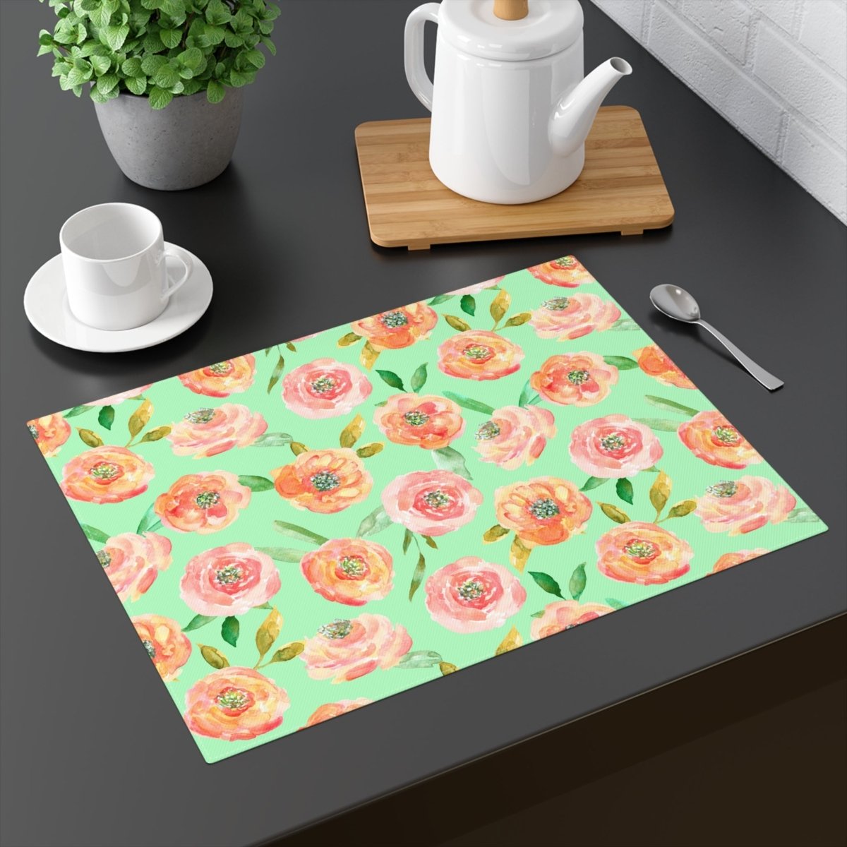 Peach Peony in Lime Green | Placemat - Cotton Twill Placemat - Piccolo Fiore Prints