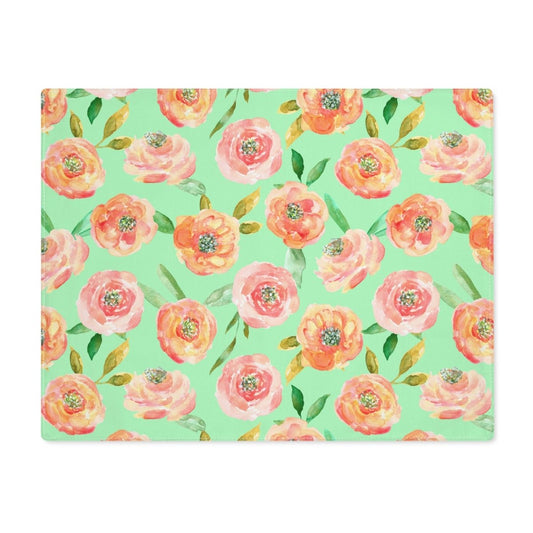 Peach Peony in Lime Green | Placemat - Cotton Twill Placemat - Piccolo Fiore Prints
