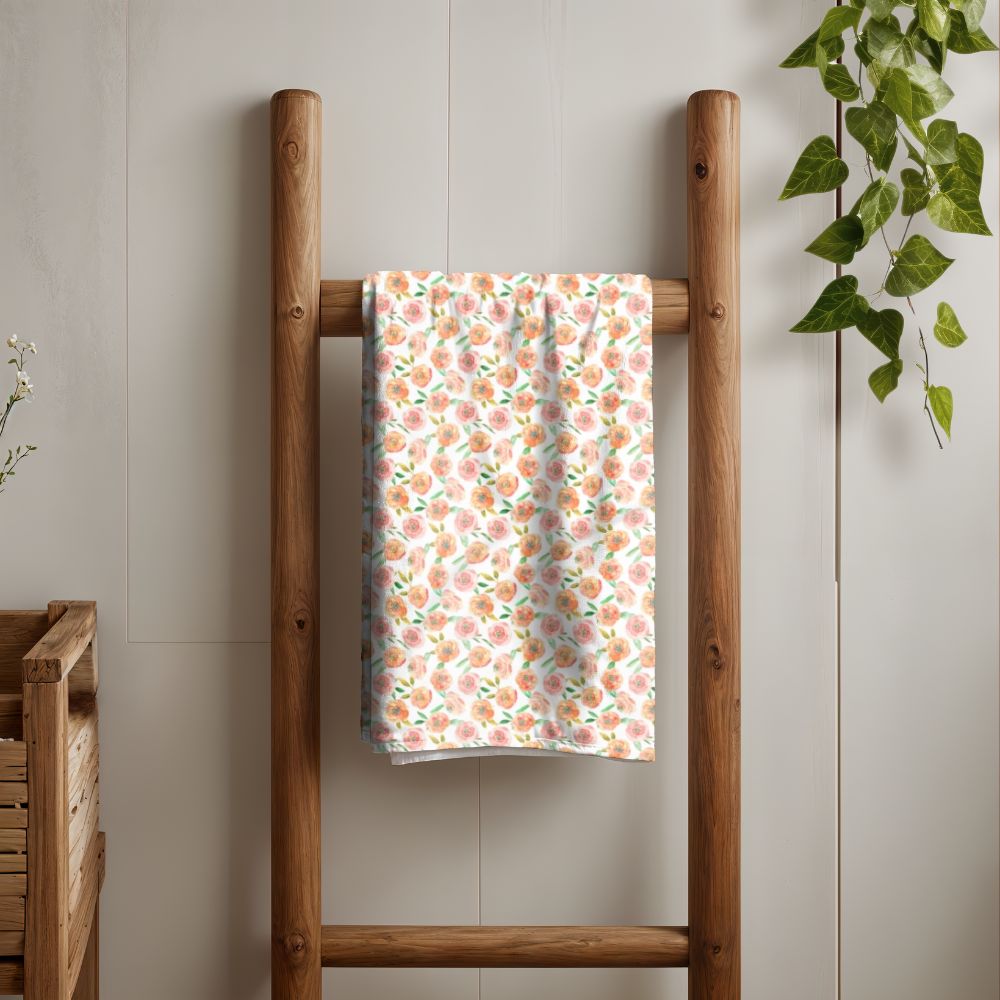 Peach Peony in White | Bath Towel - Bath Towel - Piccolo Fiore Prints