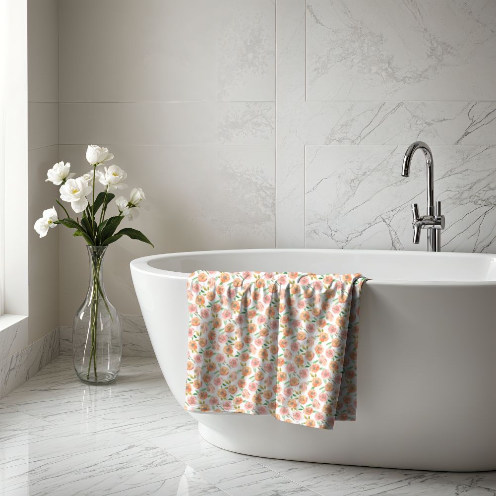 Peach Peony in White | Bath Towel - Bath Towel - Piccolo Fiore Prints