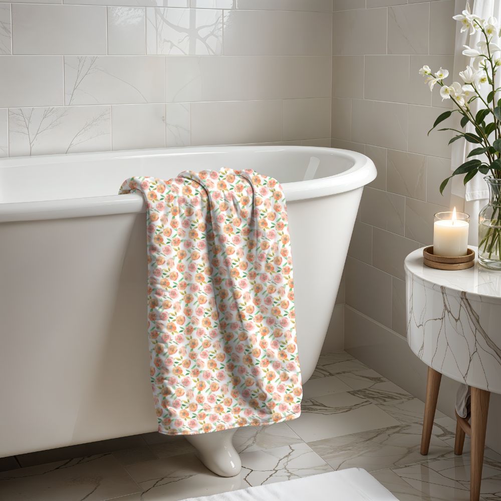 Peach Peony in White | Bath Towel - Bath Towel - Piccolo Fiore Prints