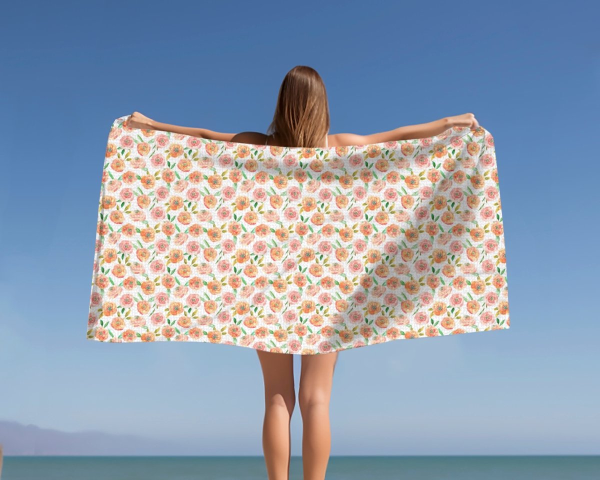 Peach Peony in White | Beach Towel - Beach Towel - Piccolo Fiore Prints