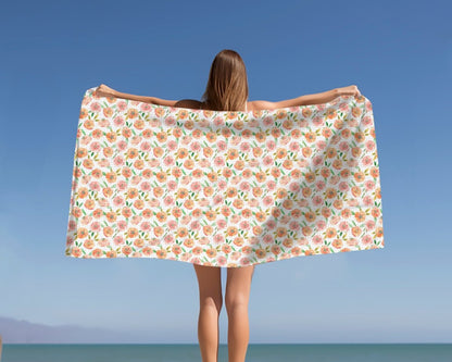 Peach Peony in White | Beach Towel - Beach Towel - Piccolo Fiore Prints