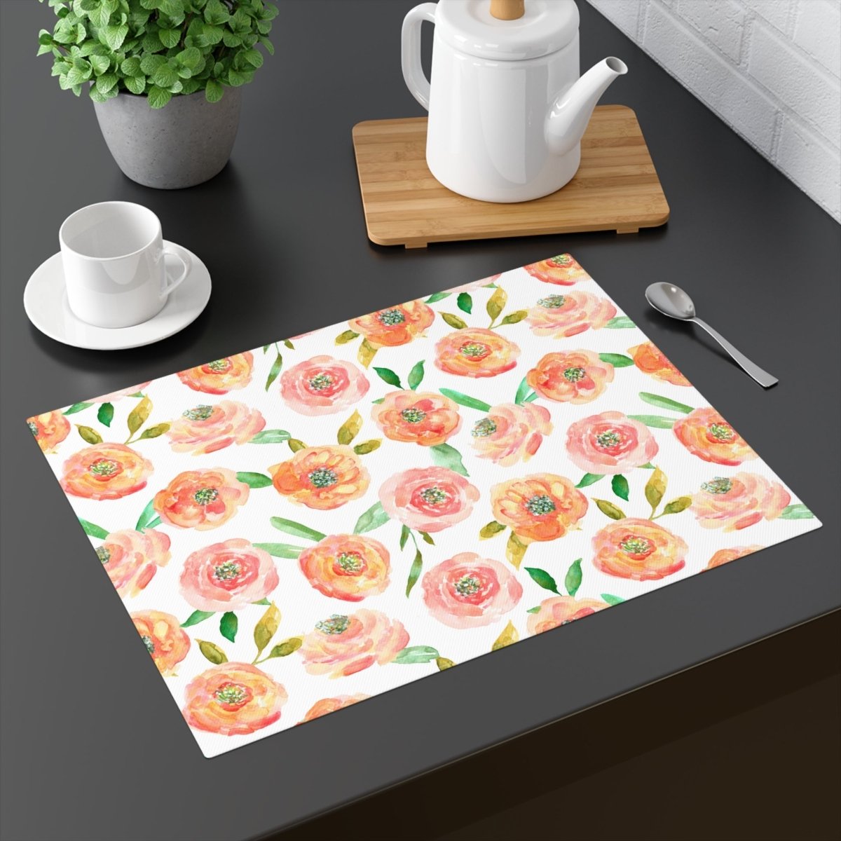 Peach Peony in White | Placemat - Cotton Twill Placemat - Piccolo Fiore Prints