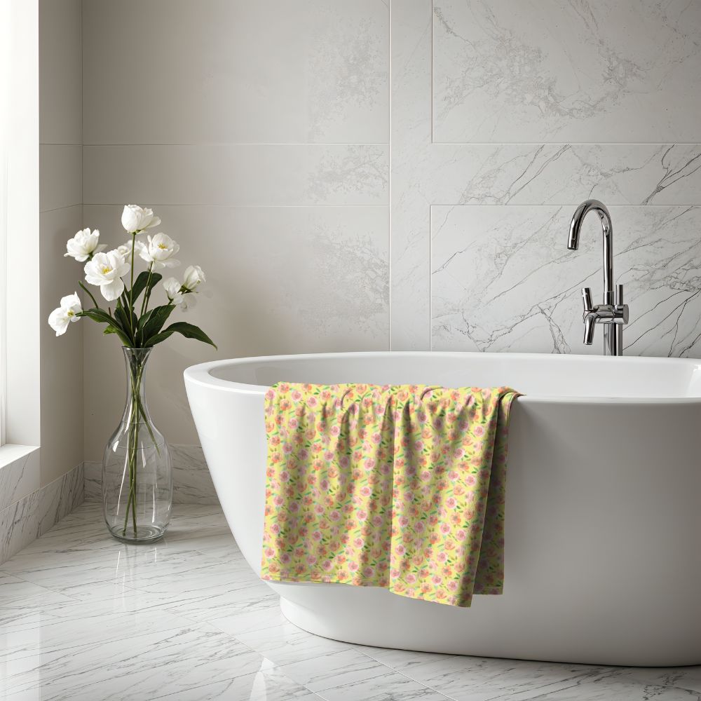 Peach Peony in Yellow | Bath Towel - Bath Towel - Piccolo Fiore Prints