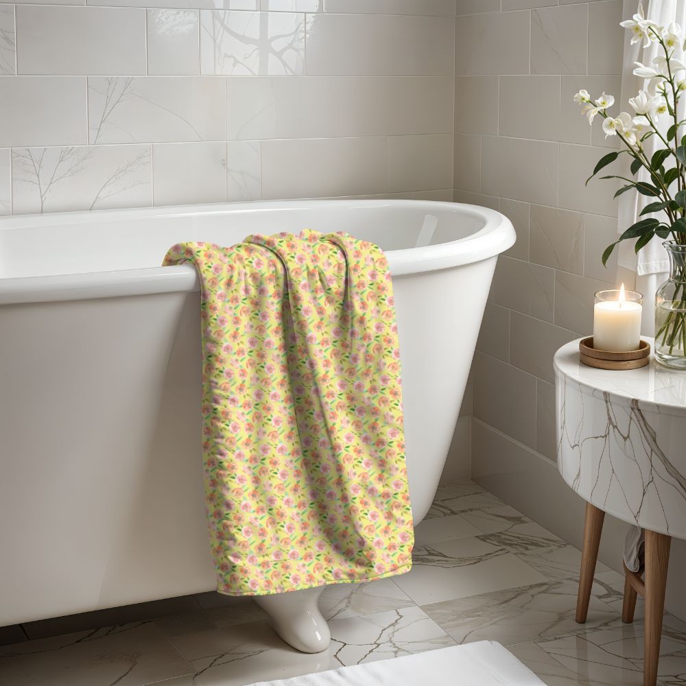 Peach Peony in Yellow | Bath Towel - Bath Towel - Piccolo Fiore Prints