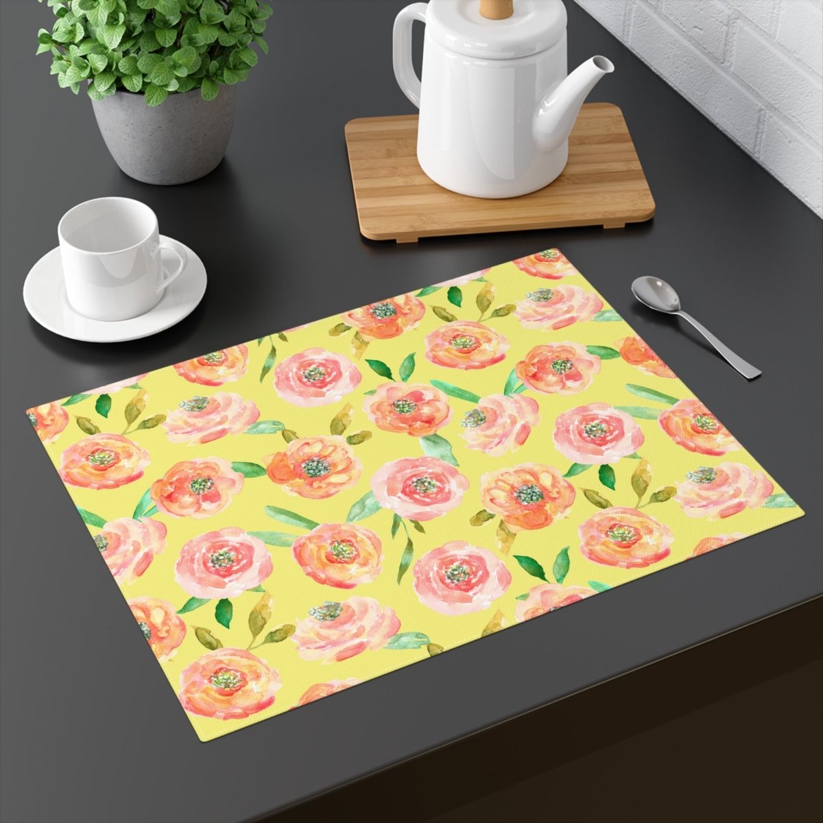 Peach Peony in Yellow | Placemat - Cotton Twill Placemat - Piccolo Fiore Prints