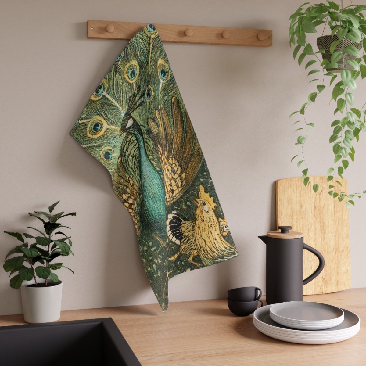 Peacock and Chickens | Tea Towel - Tea Towel - Piccolo Fiore Prints
