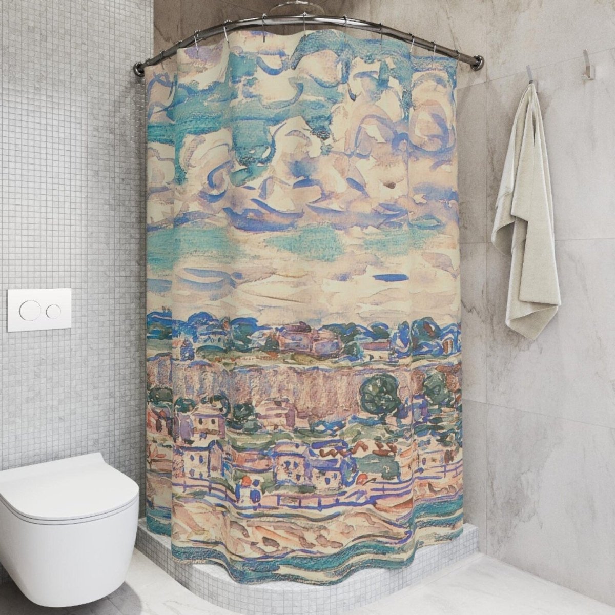 St Malo Coastal Watercolour Shower Curtain - Shower Curtain - Piccolo Fiore Prints