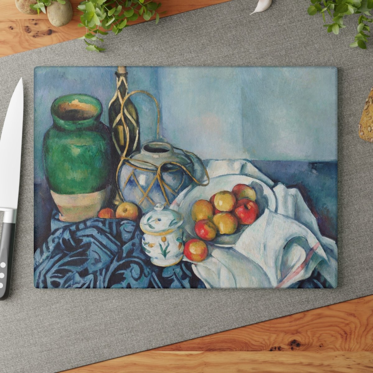Still Life With Apples in Blue | Glass Chopping Board - Glass Chopping Board - Piccolo Fiore Prints