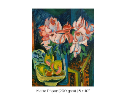 Still Life with Pink Roses and Fruit | P302 - Single Art Prints - Piccolo Fiore Prints