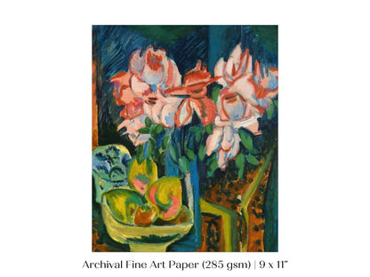 Still Life with Pink Roses and Fruit | P302 - Single Art Prints - Piccolo Fiore Prints