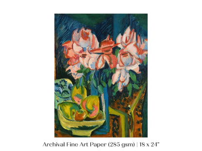 Still Life with Pink Roses and Fruit | P302 - Single Art Prints - Piccolo Fiore Prints