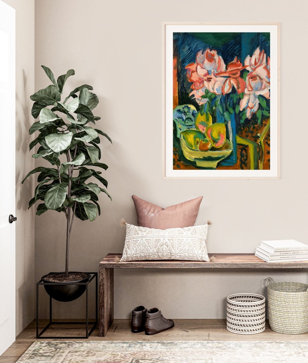 Still Life with Pink Roses and Fruit | P302 - Single Art Prints - Piccolo Fiore Prints