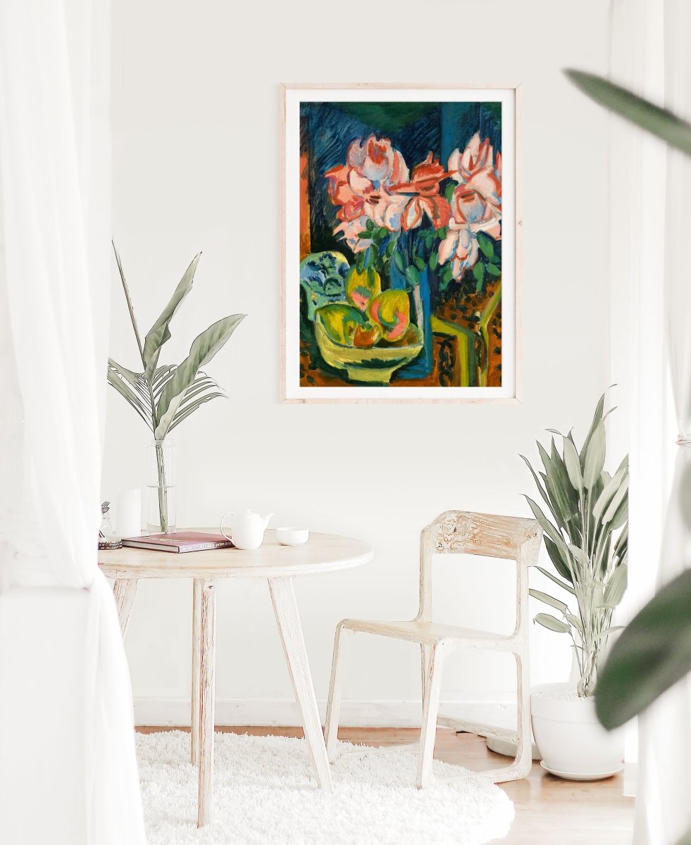 Still Life with Pink Roses and Fruit | P302 - Single Art Prints - Piccolo Fiore Prints