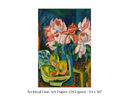 Still Life with Pink Roses and Fruit | P302 - Single Art Prints - Piccolo Fiore Prints