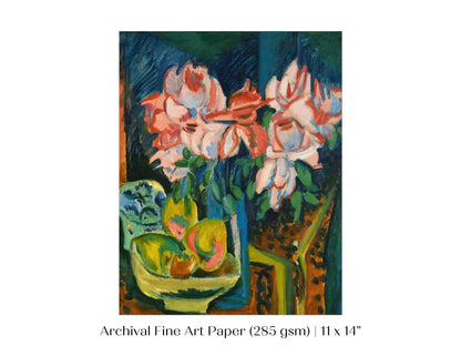 Still Life with Pink Roses and Fruit | P302 - Single Art Prints - Piccolo Fiore Prints