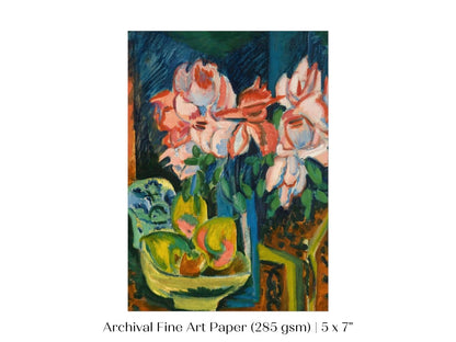 Still Life with Pink Roses and Fruit | P302 - Single Art Prints - Piccolo Fiore Prints