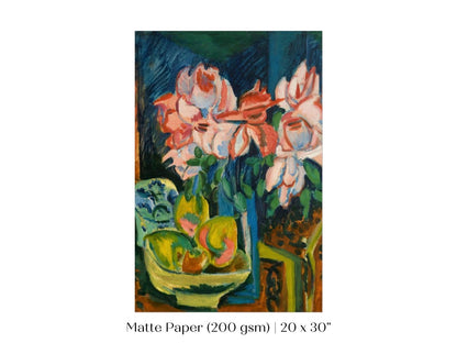 Still Life with Pink Roses and Fruit | P302 - Single Art Prints - Piccolo Fiore Prints