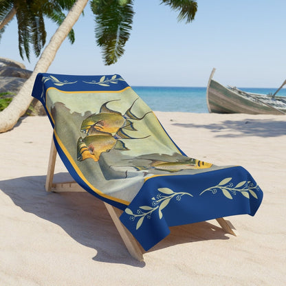 Three Fish in Blue and Yellow | Beach Towel - Beach Towel - Piccolo Fiore Prints