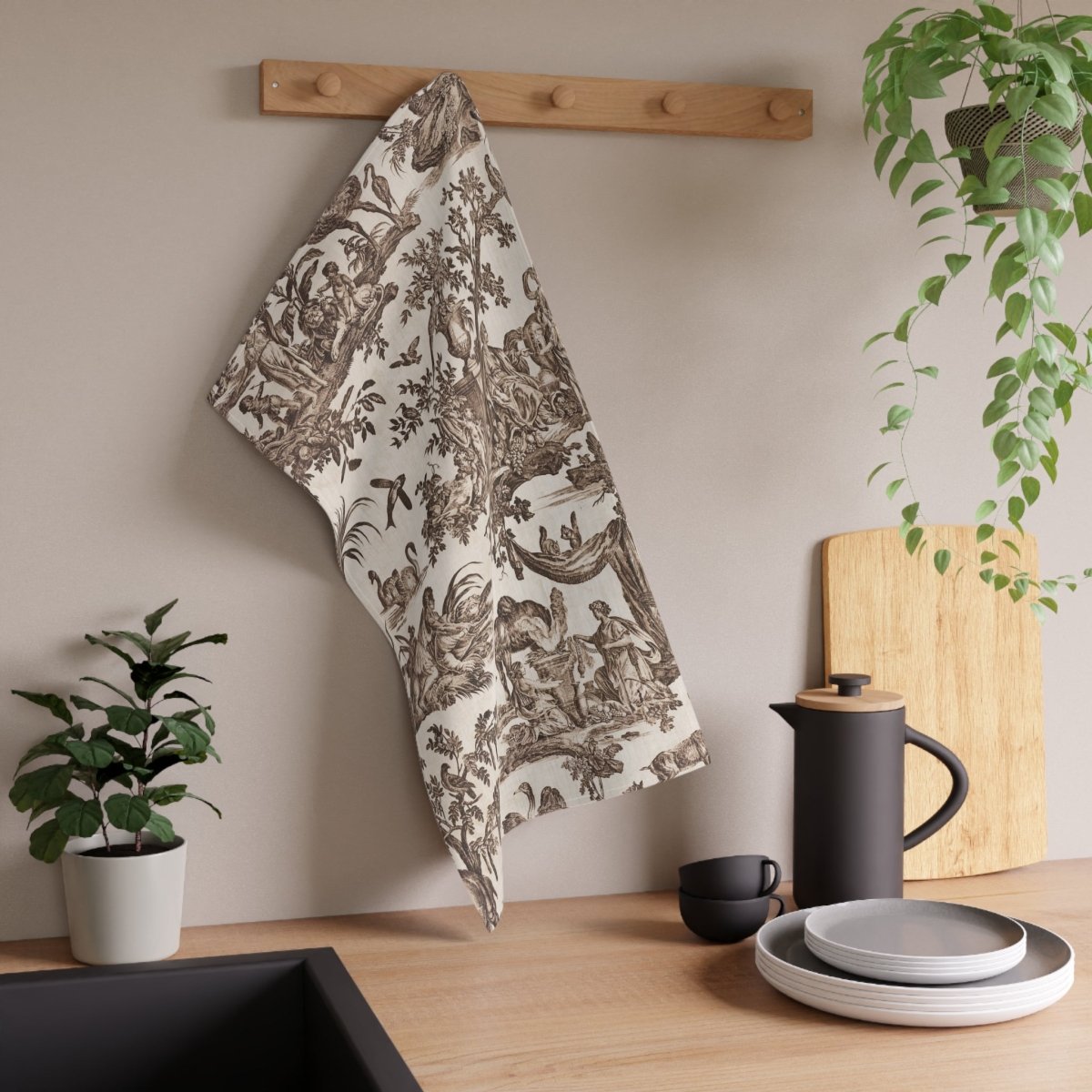Toile de Jouy in Cream and Brown | Tea Towel - Tea Towel - Piccolo Fiore Prints