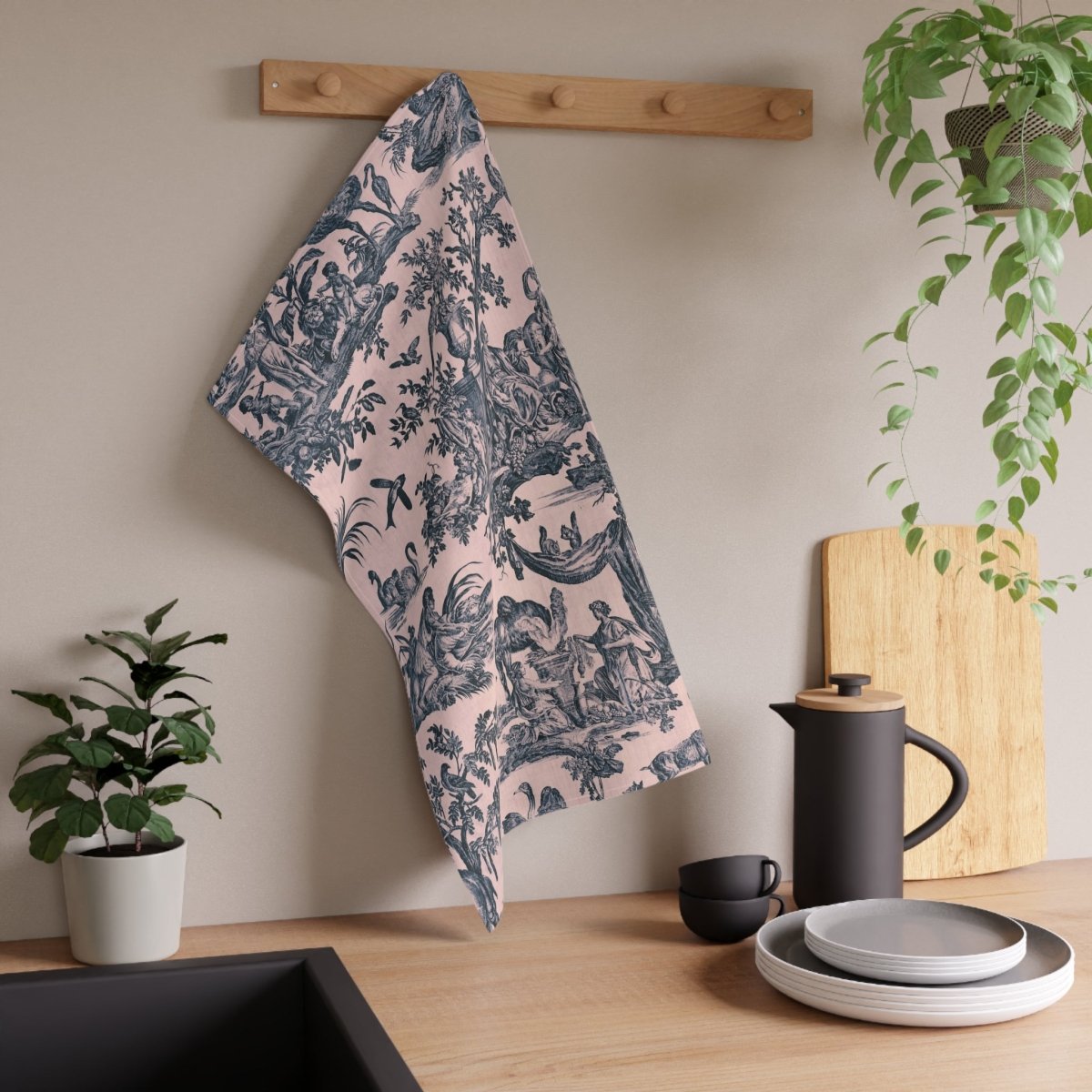 Toile de Jouy in Pink and Dark Navy Blue | Tea Towel - Tea Towel - Piccolo Fiore Prints