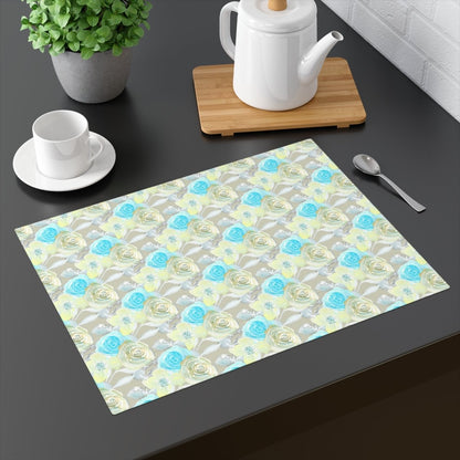 Turquoise Rose Stripe in Beige | Placemat - Cotton Twill Placemat - Piccolo Fiore Prints