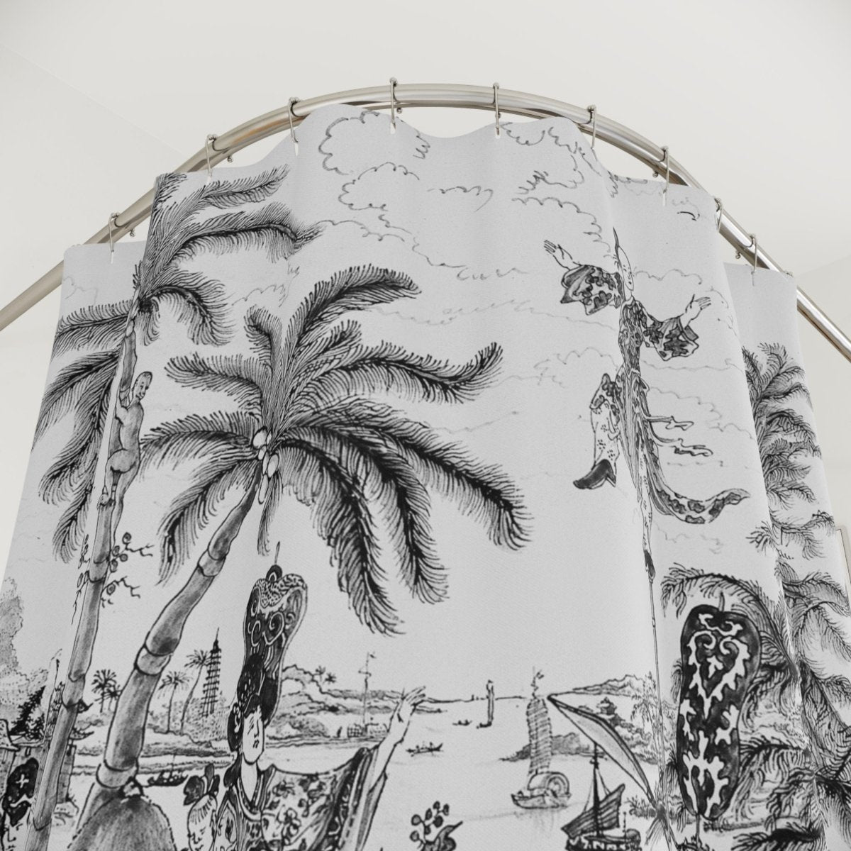 Vintage Chinoiserie Palm Tree Shower Curtain in Black and White - Shower Curtain - Piccolo Fiore Prints