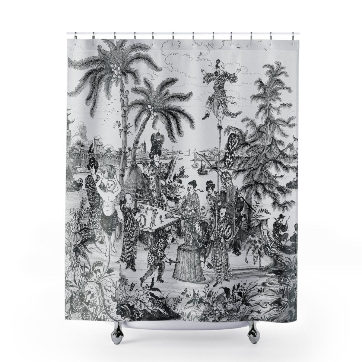 Vintage Chinoiserie Palm Tree Shower Curtain in Black and White - Shower Curtain - Piccolo Fiore Prints