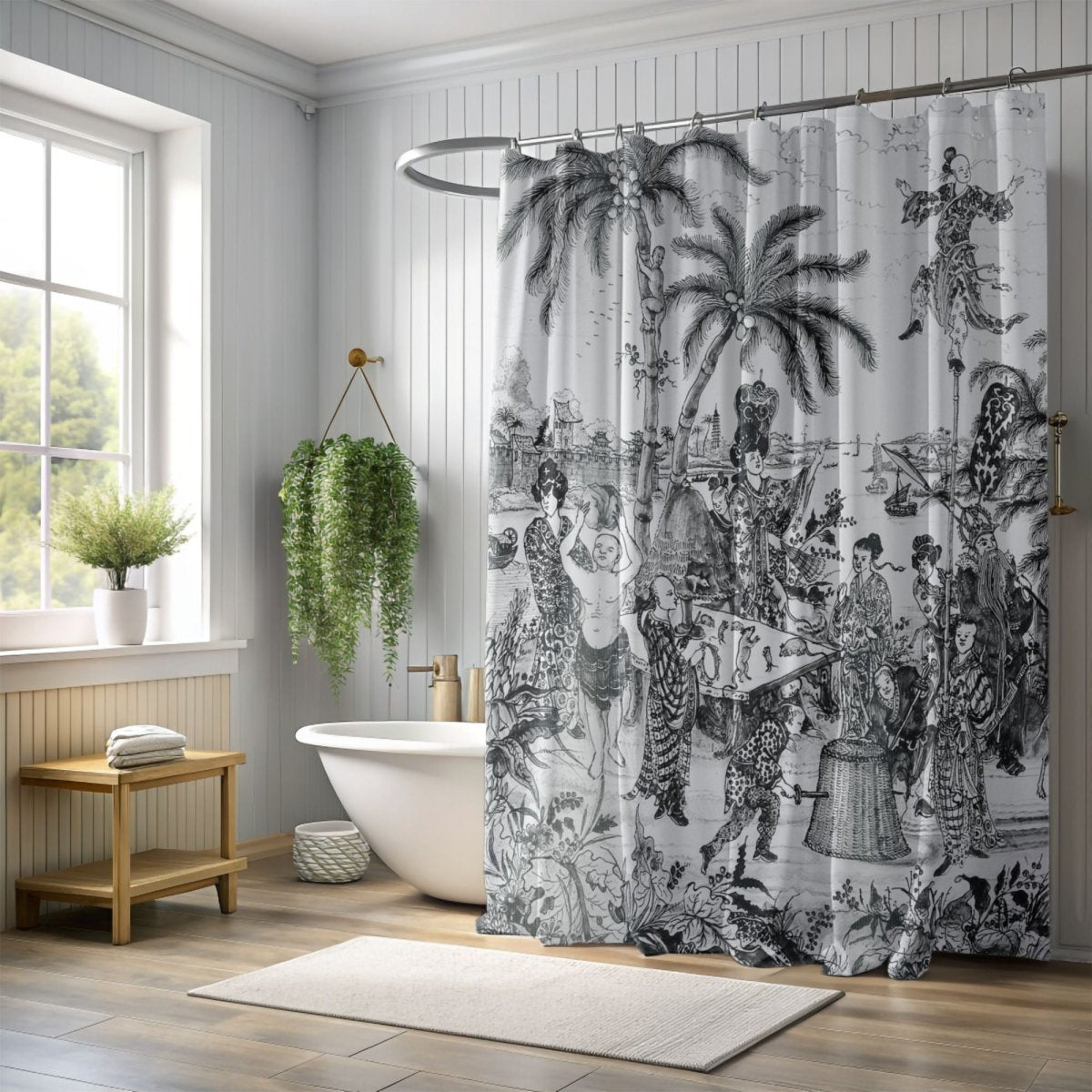 Vintage Chinoiserie Palm Tree Shower Curtain in Black and White - Shower Curtain - Piccolo Fiore Prints