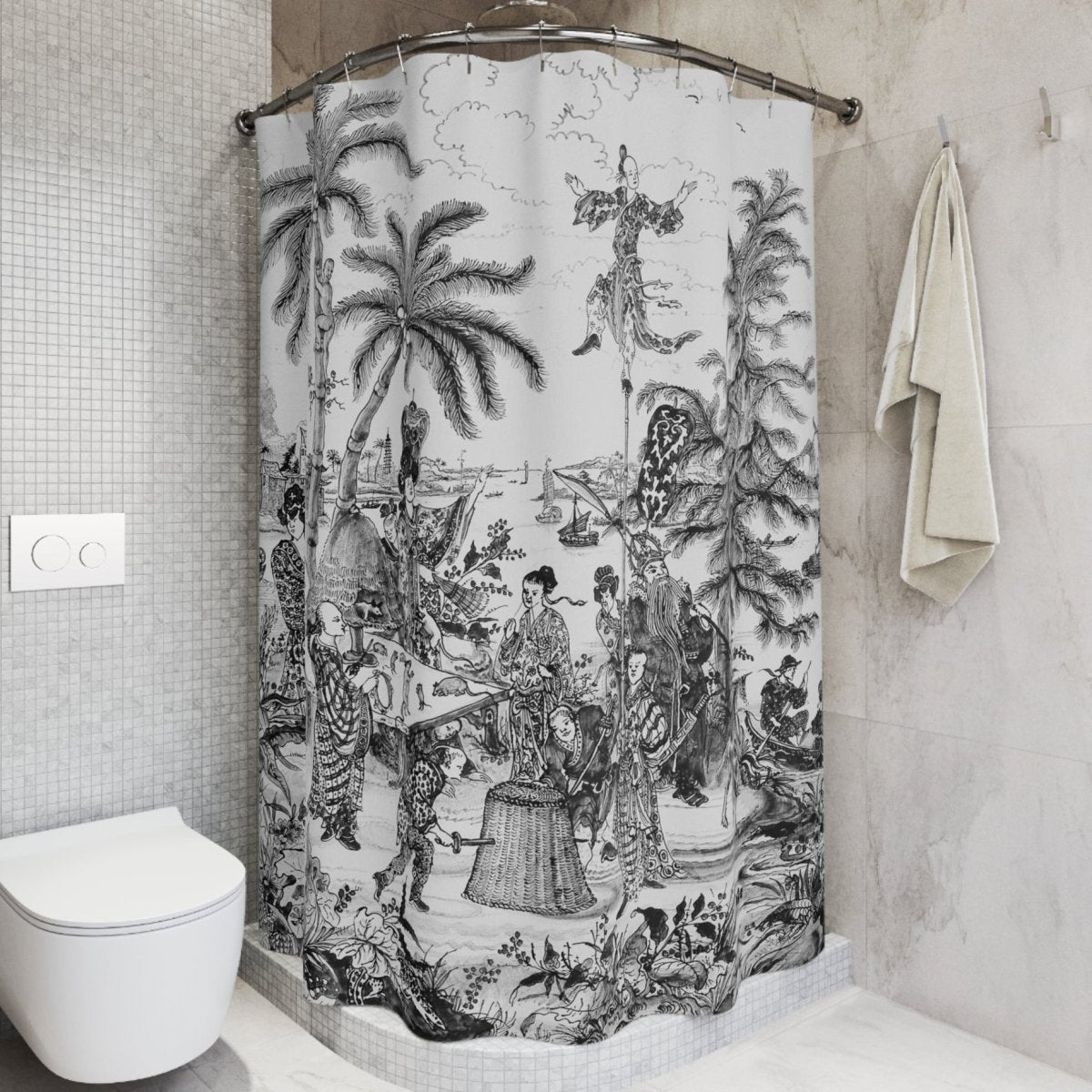 Vintage Chinoiserie Palm Tree Shower Curtain in Black and White - Shower Curtain - Piccolo Fiore Prints
