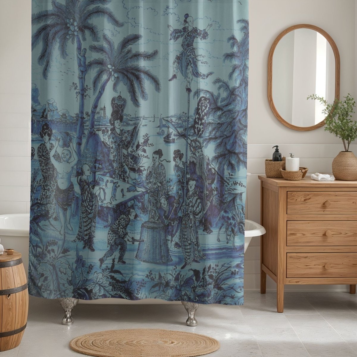 Vintage Chinoiserie Palm Tree Shower Curtain in Turquoise - Shower Curtain - Piccolo Fiore Prints