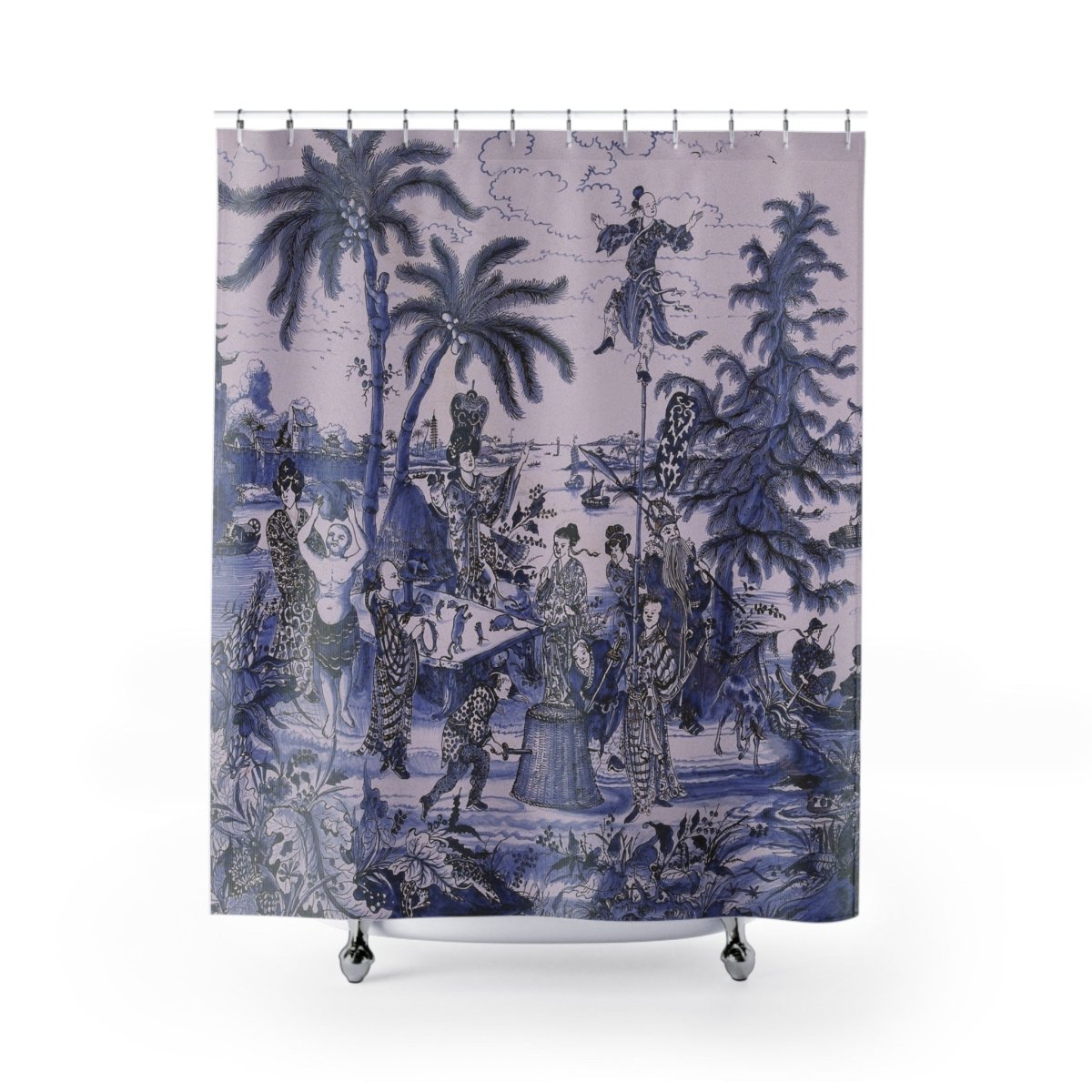 Vintage Chinoiserie Palm Tree Shower Curtain in Turquoise - Shower Curtain - Piccolo Fiore Prints