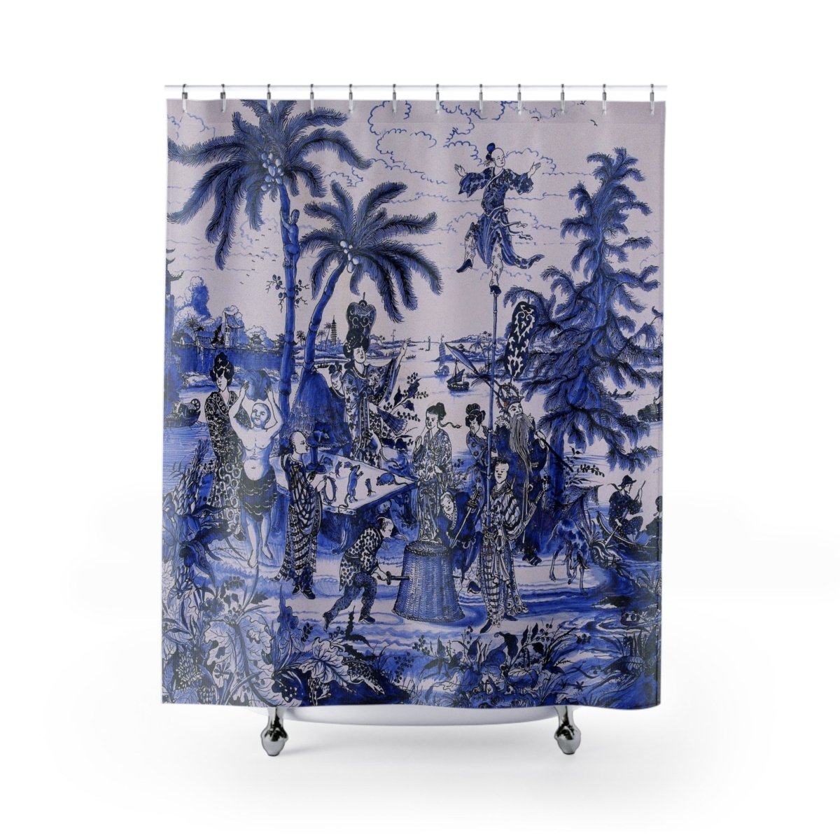 Vintage Chinoiserie Palm Tree Shower Curtain in Turquoise - Shower Curtain - Piccolo Fiore Prints